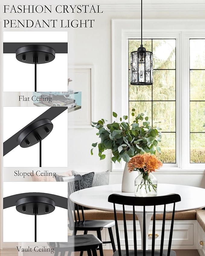 3 Pack 1 Light 5.4" Crystal Shade Hanging Kitchen Island Pendant Light Black Finish,Modern Pendant Fixture with Crystal Metal Shade for Bar,Dining Room,Living Room Over Sink