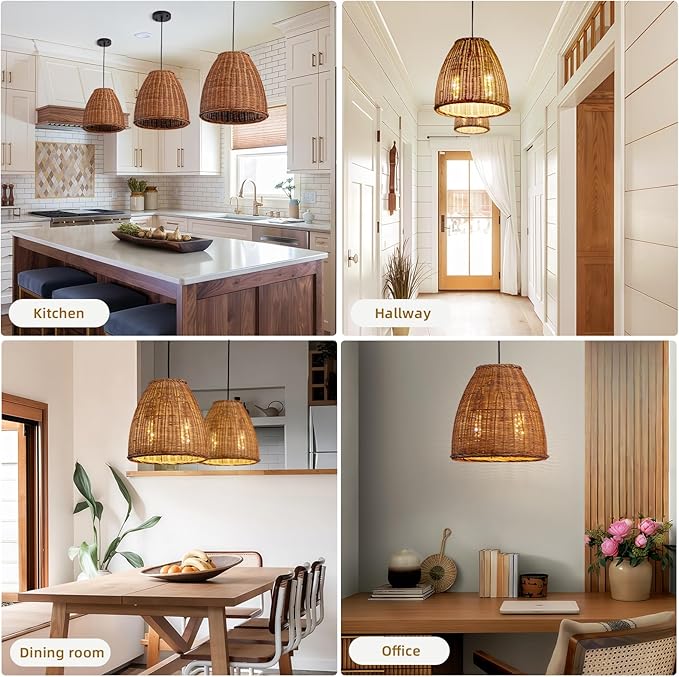 Dark Curry Rattan Pendant Light,13.77" Rustic Hanging Light 1-Pack Brown Wicker Pendant Light Hand-Woven Rattan Chandelier for Public Place Dining Living Bedroom Kitchen Farmhouse