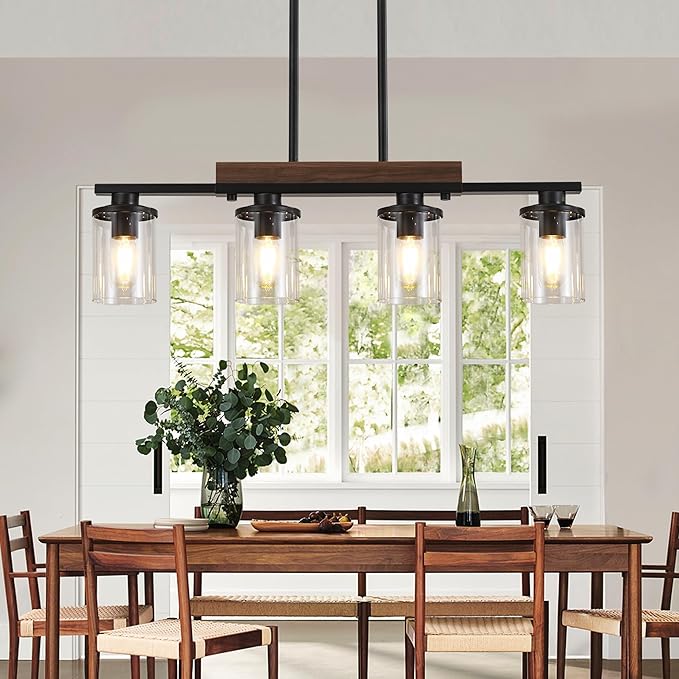 29.3'' Kitchen Island Light Fixtures, 4-Light Dining Room Light Fixture Chandelier Over Table, Black Modern Rustic Wood Ceiling Pendant Light Fixtures, with Clear Glass Shade, Farmhouse Chandelier
