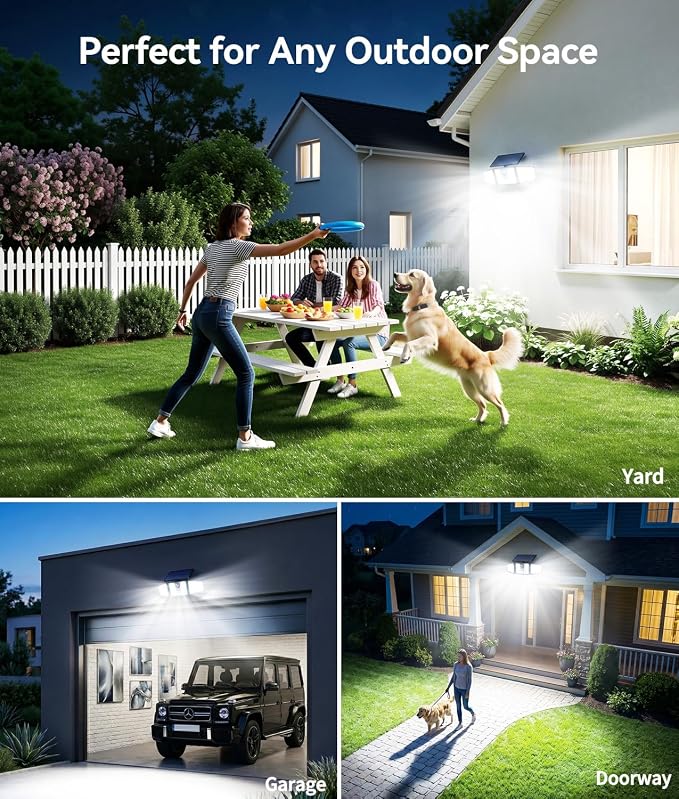 KOOPER 4 Pack Solar Flood Lights, 210 LED Motion Sensor Outdoor Lights, Solar Motion Lights Outdoor Waterproof, 3 Heads 300° Wide Angle Outdoor Security Lights for Yard Patio Garage Entryways, Black