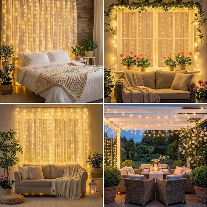 Curtain Light for Bedroom, 200LED 6.6x6.6ft Warm White Window Wall Hanging Fairy Curtain String Light, 8 Modes Remote Fairy String Lights Indoor for Wedding Party Home Garden Decorations