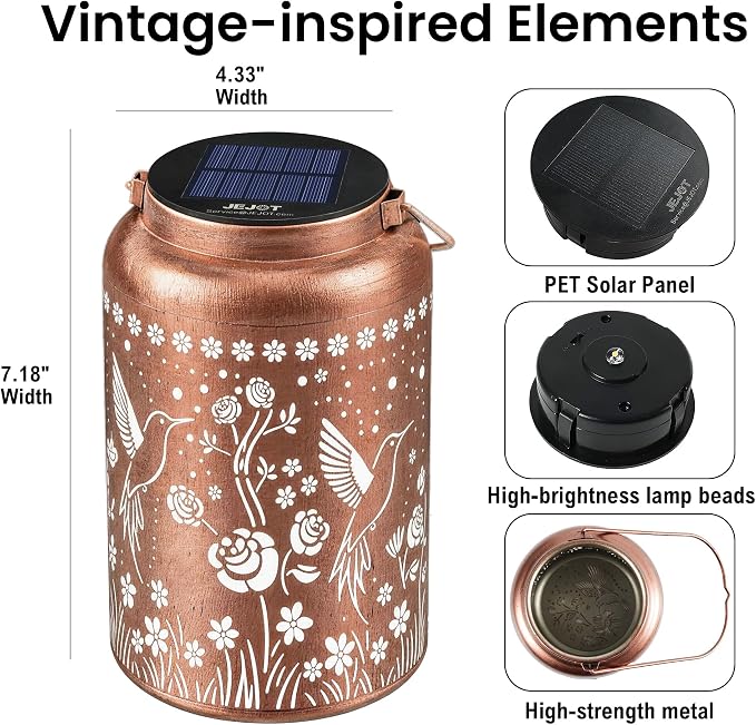 JEJOT Hummingbird Solar Lanterns Outdoor Waterproof, Mothers Day Gifts, Birthday Gifts for Women Mom Grandma,Metal Hanging Solar Lantern for Yard,Garden,Porch Landscape Deconrations-2 Pack