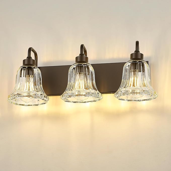 zeyu 22 Inch Bronze Vanity Lights, Farmhouse Wall Sconce Lighting, 3 Light Bathroom Mirror Wall Light, Oil Rubbed Bronze Finish with Clear Striped Glass, ZJX117B-3W ORB