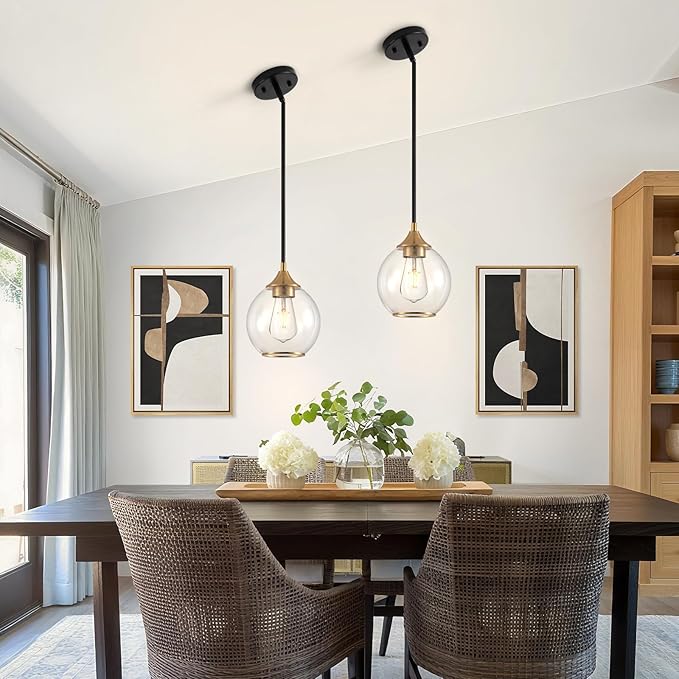Pendant Lights Kitchen Island,Farmhouse Black and Gold Pendant Light with Clear Glass Globe Shade,6.29" Glass Pendant Light for Finish Farmhouse Entryway Dining Room Kitchen Island 1 Light
