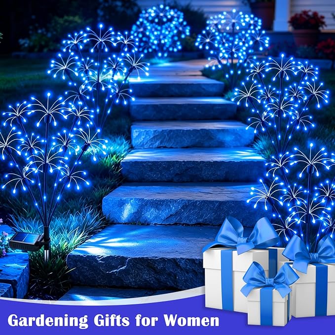 Solar Garden Lights Outdoor, 8 Pack 2-Layer Blue Solar Firework Lights, Waterproof Starburst Fairy Light Garden Decor for Yard Patio Pathway Lawn, Unique Gifts for Women Mom Grandma Mother's Day