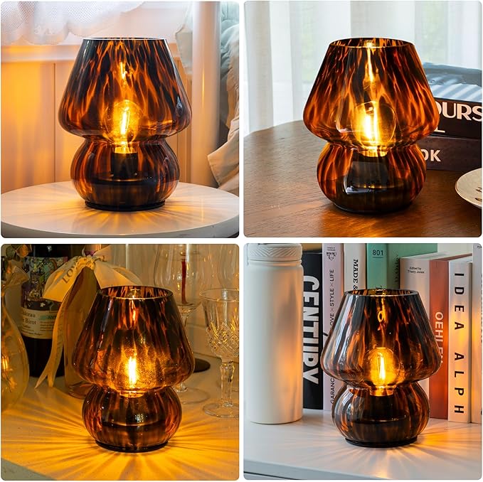 ULAROOM Battery Operated Mushroom Lamp - Vintage Small Table Lamp with Timer, Cordless Bedside Nightstand Lamp, Glass Battery Powered Lamp for Bedroom Kitchen Living Room Shelf Decor Aesthetic Amber