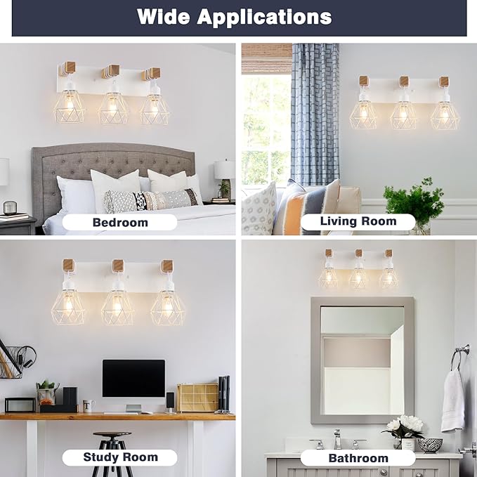 White Bathroom Vanity Light Fixtures, 3-Light Wood Bathroom Light Fixtures Over Mirror, Rustic Sconces Wall Lighting with Elegant Metal Lampshade for Living Room, Bedroom, Hallway