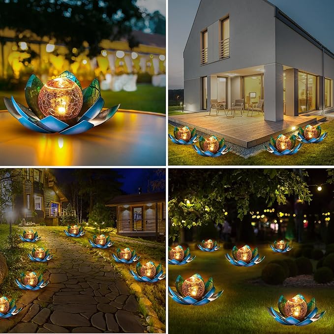 VIHOSE 4 Pcs Lotus Solar Light Outdoor LED Waterproof Art Globe Glass Decoration Outdoor Table Decor Garden Gifts Decorative Crackle Globe Glass Metal Lotus Flower for Patio Lawn (Blue)
