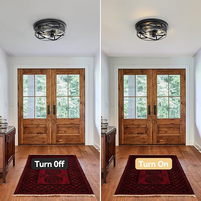 3-Lights Farmhouse Flush Mount Ceiling Lights, 13 Inch Indoor Cage Close to Ceiling Light Metal Black Rustic Style Ceiling Light Fixtures for House Kitchen Bedroom Entryway