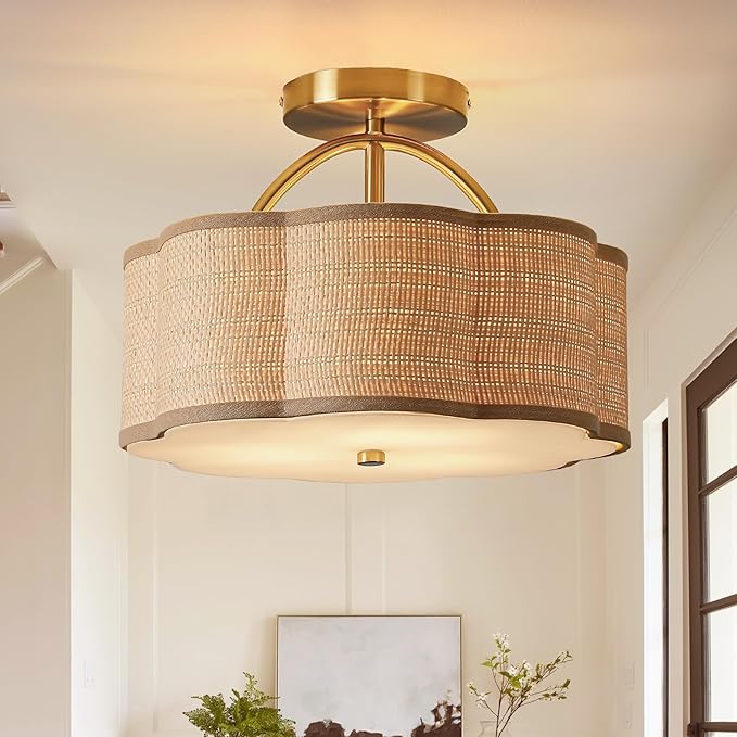 13" Rattan Semi Flush Mount Ceiling Light 3-Light Boho Mini Chandelier Ceiling Light Flush Mount for Hallway,Entrance,Kitchen,Bathroom,Bedroom,Living Room
