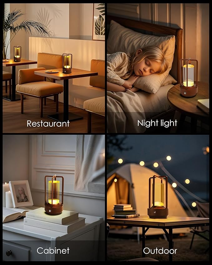 Set of 2 Cordless Table Lamps, LED Rechargeable Battery Operated Desk Lamps with 3 Color Stepless Dimmable, Small Light Portable for Outdoor Patio Bar Restaurants Bedroom Bedside (Brown)