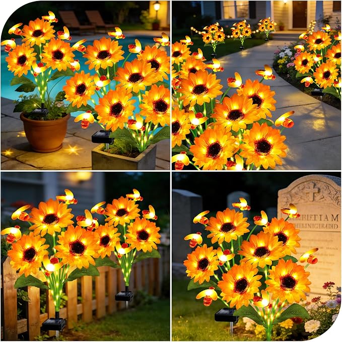 Kohlrabi Solar Garden Lights-6 Pack Solar Sunflowers with Swaying Bees, Gifts for Mom Women Mothers Day Birthday, Waterproof Sunflower Light for Outdoor Patio Yard Decor