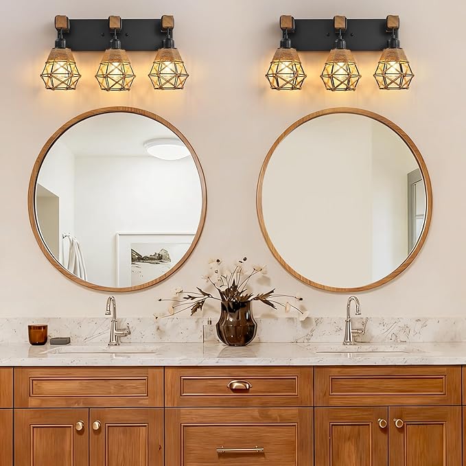 LmnLvn Farmhouse Bathroom Light Fixture, 3-Light Black Rattan Vanity Light, Boho Bathroom Light Fixture Over Mirror Rustic Vanity Lighting with Handwoven Shades, Suit for Restroom, Bedroom, Hallway