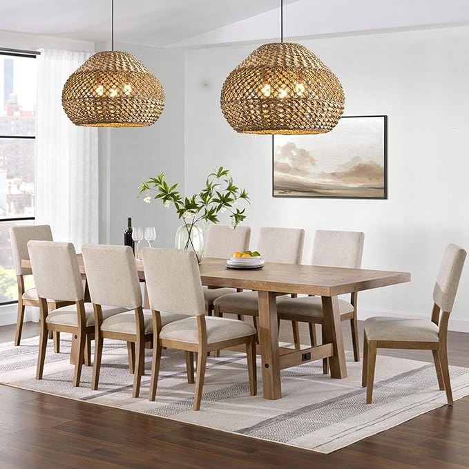 19.29” Large Rattan Pendant Light,3-Light Wicker Chandelier Light Fixture,Boho Kitchen Island Hanging Seagrass Rustic Lighting for Dining Room, Farmhouse,Foyer