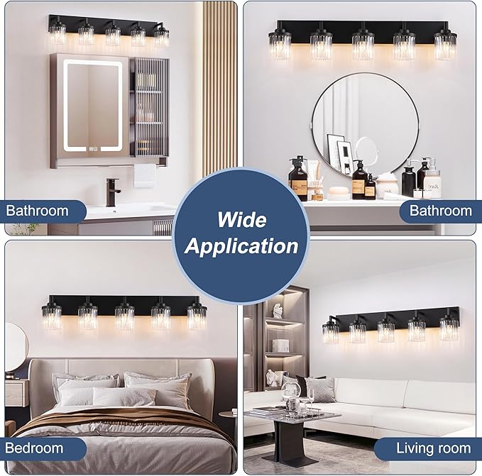 Modern Crystal Bathroom Light Fixtures, 5 Light Black Farmhouse Vanity Lights, with Crystal Glass Shade, Industrial Bathroom Lighting Fixtures Over Mirror Wall Light for Bedroom Living Room