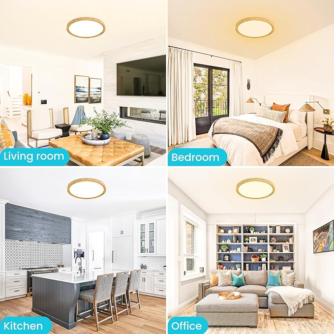 libtit 2 Pack 12Inch Wooden LED Flush Mount Ceiling Light, 28W 3200lm Adjustable 3000K-6500K Color Temp | Round Lamp for Bathroom/Shower/Hallway/Kitchen