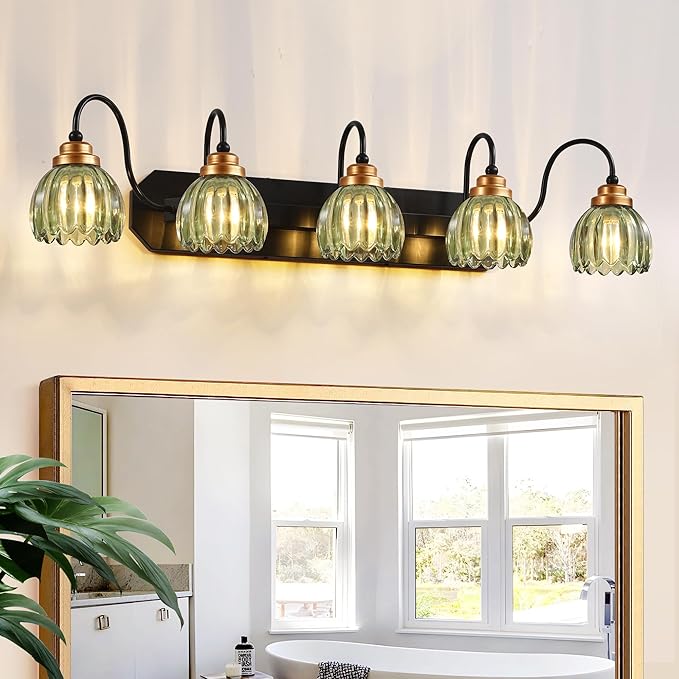 Vintage Bathroom Vanity Light, 5 Light Bathroom Lighting Fixtures Over Mirror, Mid Century Style Farmhouse Light Fixtures with Green Glass Shades, Black Finish Wall Mount for Bedroom , Living Room