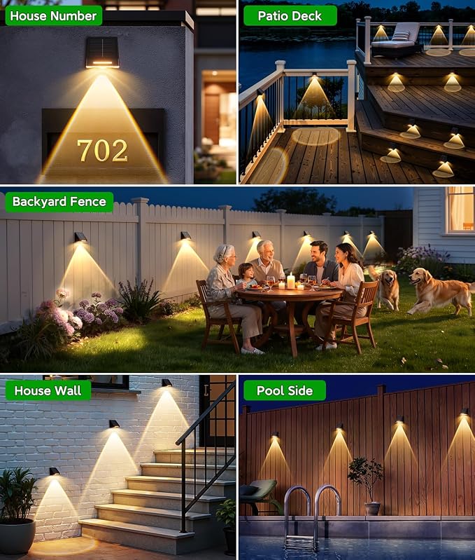 KOOPER Solar Fence Lights Outdoor Waterproof 2 Pack, Solar Fence Lights with Ultra-Bright LED Lens, 10 Modes & 9 Colors Outdoor Solar Lights for Fence, Backyard, Railing, Patio, Wall, Step, Deck