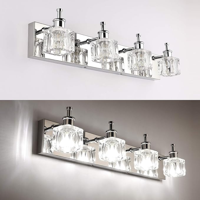 PRESDE Crystal 4-Lights Bathroom Light Fixtures Chrome Vanity Light for Bathroom Modern Bath Wall Lighting Over Mirror LED