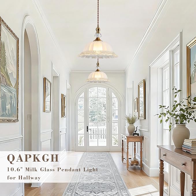 10.6" Milk Glass Vintage Pendant Light for Kitchen Island, Antique Brass Gold Pendant Light Fixture for Dining Room Hallway Bedroom