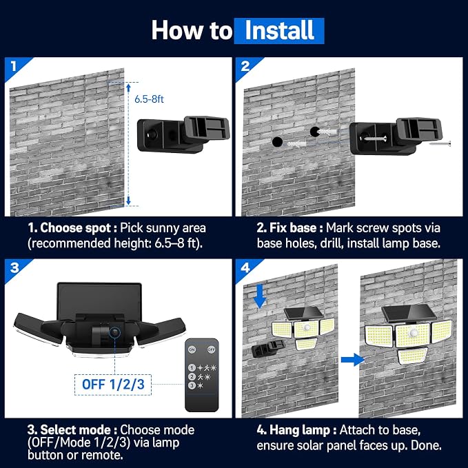Solar Security Outdoor Lights-3000LM 4 Heads Solar Flood Lights with Motion Sensor, IP65 Waterproof Security Lights with Remote, 270° Wide Angle Flood Wall Lights with 3 Modes for Home Outside, 2 Pack