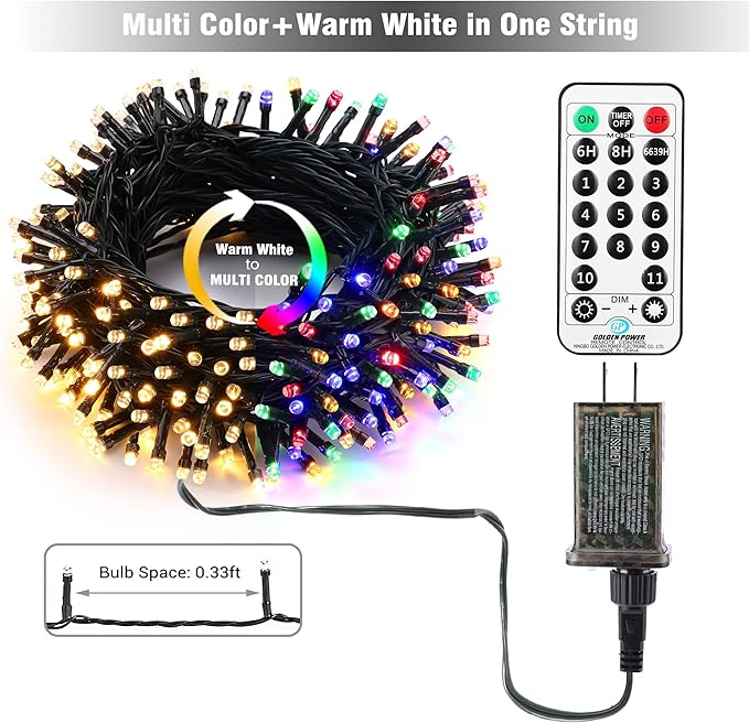 Brizled Christmas Tree Lights, 115ft 300 LED Color Changing Christmas Lights with Remote, 11 Modes Warm White & Multicolor Light String Connectable 24V Xmas Light Green Wire for Xmas Home