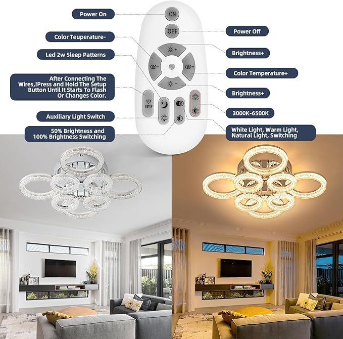 OKELI Modern Ceiling Light, 8 Rings 26.8'' Dimmable LED 106W Flush Mount Ceiling Lights with Remote Acrylic Crystal Round Ceiling Light Fixture, Bedroom Living Room Dining Room, Chrome