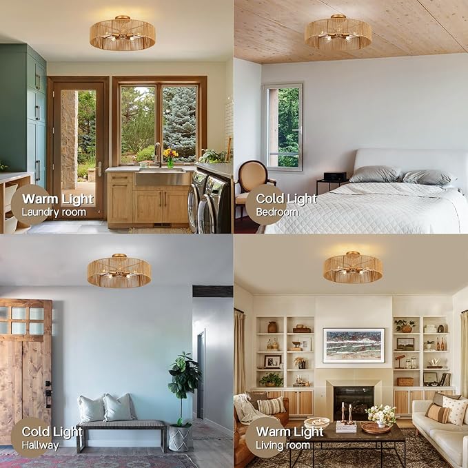 24" Natural Rattan Flush Mount Ceiling Light Fixture, 5-Light Gold Hand-Woven Wicker Boho Chandelier for Bedroom, Living Room, Dining Room, Kitchen, Rustic Lamp for Hallway and Entryway