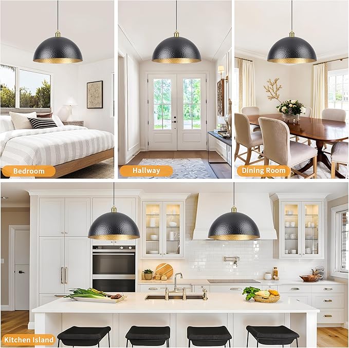 15.74" Black Farmhouse Pendant Light with Hammered Metal Shade Vintage Dome Pendant Light Adjustable Hanging Lighting fixtures for Kitchen Island Dining Room Hallway and Bar