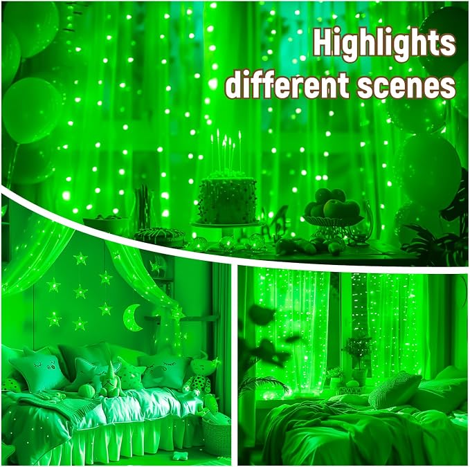 HXWEIYE 300LED Untangled Curtain Lights, 9.8x9.8Ft USB Fairy Twinkle String Lights with Remote and DIY Timer, 8 Modes Window Wall Hanging Light for Bedroom Dorm Backdrop Room Decor, Green