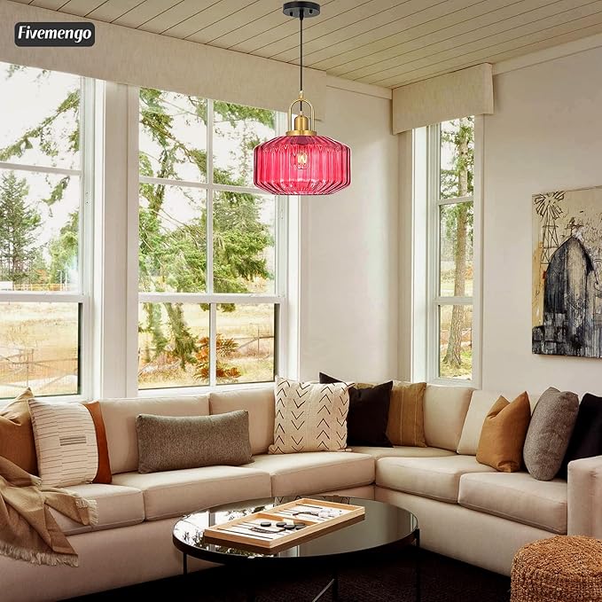 11.8in Mid Century Modern Wine Red Glass Pendant Light Fixture, Large Gold Kitchen Island Pendants Light Glass Ceiling Hanging Lamp for Foyer Dining Room Bedroom Entryway Hallway Over Sink