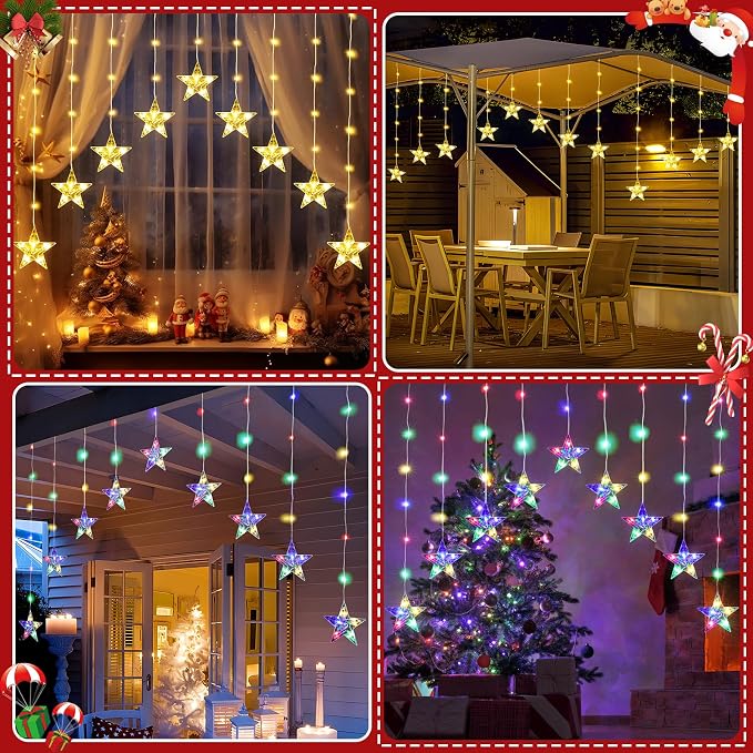 Christmas Window Lights, 76LED 9 Stars IP65 Battery Operated Star Curtain Lights 11 Modes with Timer, Xmas Decoration for Bedroom Wall Indoor Home Deco, Warm White & Multicolor