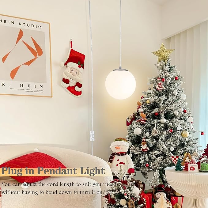 KoKo&Yukina 10" Globe Pendant Light Nickel Plug in Pendant Light Adjustable Hanging Lights with Plug in Cord Nickel Finished with Milk Glass Lampshade for Bedroom Kitchen Island (Bulb Included)