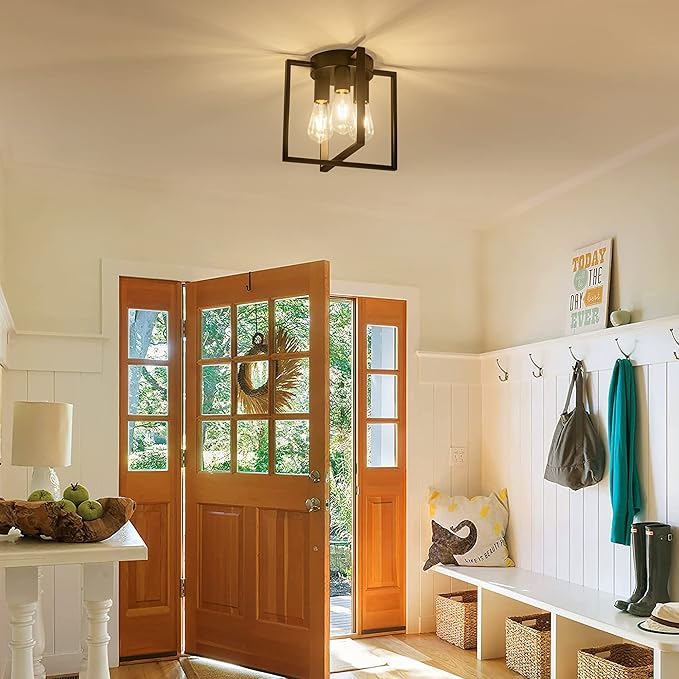 3-Light Flush Mount Ceiling Black Metal Frame Ceiling Light Farmhouse Light Fixture for Kitchen Island Entryway Porch Foyer Dining Room, E26 Ceramic Base