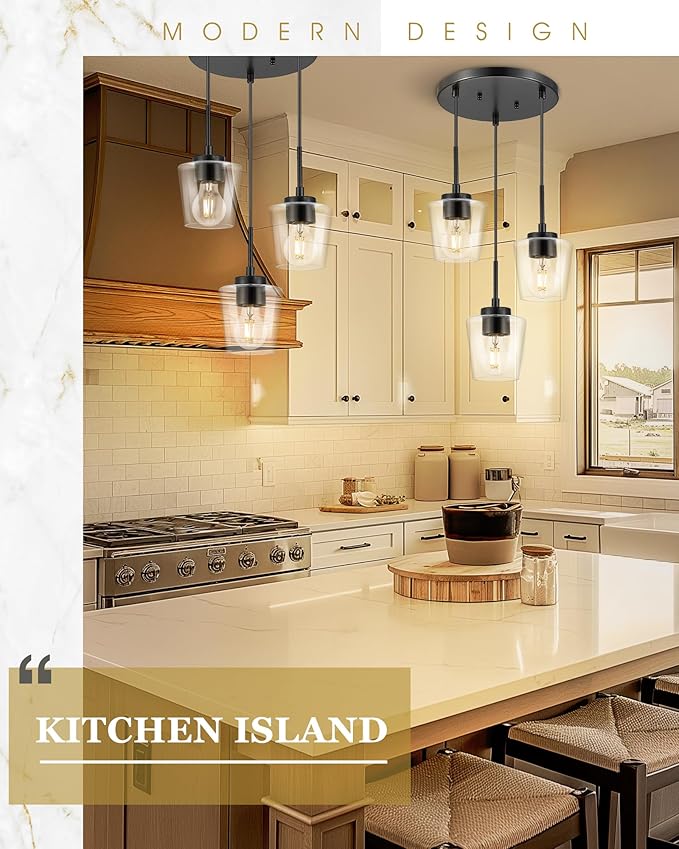 3-Light Pendant Light Fixtures, Matte Black Cluster Dining Room Light Fixture Over Table, Adjustable Kitchen Island Lighting with Clear Glass, Farmhouse Hanging Light, AD-22004-3P-BK-C