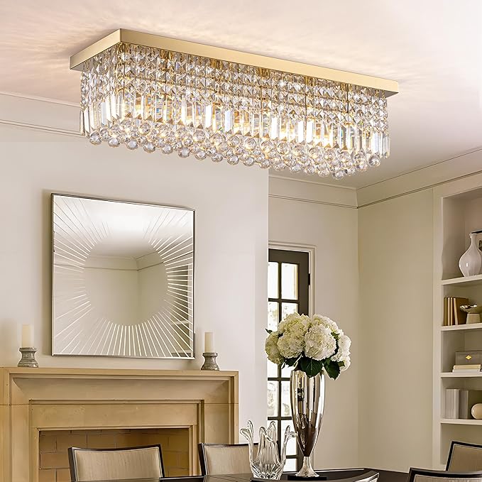 Crystal Chandeliers,6-Lights Gold Rectangular Chandelier,Crystals Pendant Light Fixture for Dining Living Room Kitchen Dining Room Bedroom Bathroom Hotel