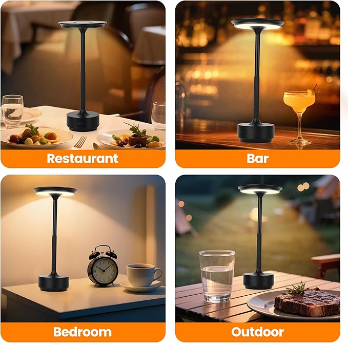 Cordless Table Lamp Rechargeable 5000mAh, 3-Color Stepless Dimming Touch Sensor, Portable LED Desk Light for Bedroom, Nightstand, Camping, Patio (1-Pack Black)
