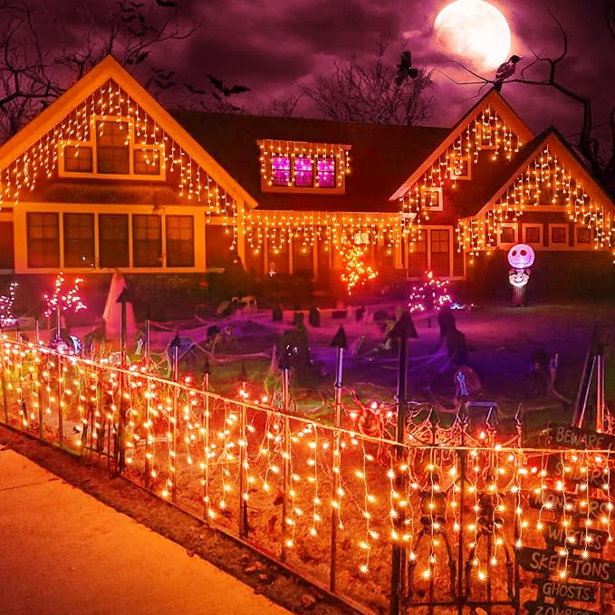 Orange Icicle Lights for Outside - 66FT 640 LED Icicle Halloween Lights with 8 Modes Timer, 120 Drops Waterproof Connectable String Lights Indoor for Patio Garden Holiday Decorations, Orange