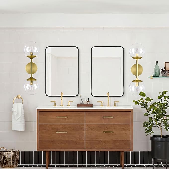 KoKo&Yukina 2 Pack Mid Century Modern Bathroom Vanity Light Brushed Gold Vanity Lighting Fixtures Modern Wall Sconce 2-Lights Globe Vanity Light with Clear Glass Shade for Bathroom(Bulb Incl)