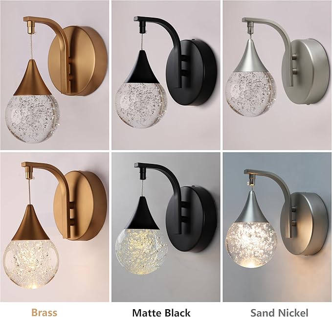 Sedelan LED Crystal Bubble Wall Sconce, 5W Dimmable Modern Wall Light Fixture, 3300K Warm White Indoor Lighting for Bedroom Bedside Living Room Bathroom Hallway, Sand Nickel