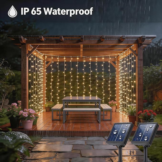 2 Pack Solar Curtain Light Outdoor, 20ft x 10ft, 480 LEDs in Total Solar Powerd String Lights Waterproof Outside for Garden Party Wedding Decór