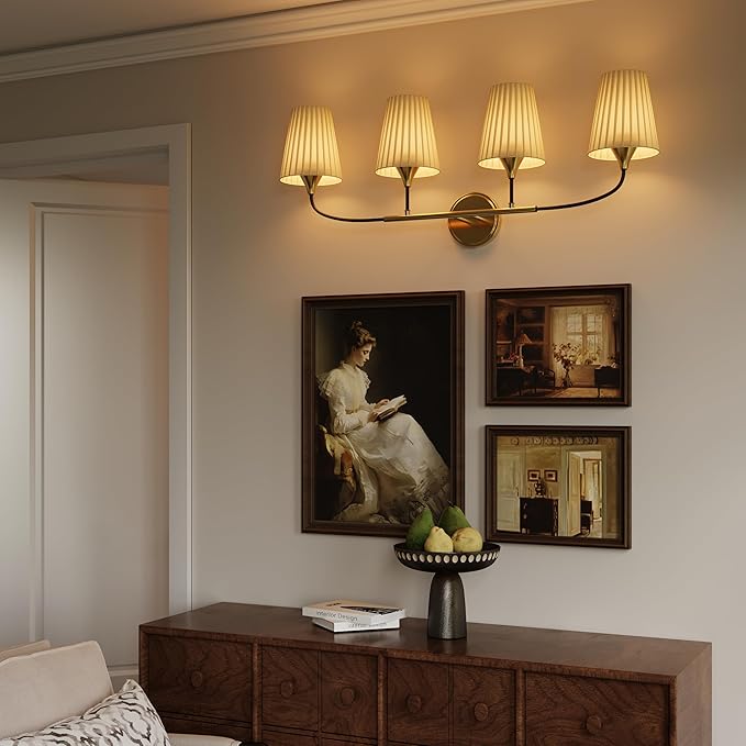4-Light Bathroom Light Fixtures, Black Gold Bathroom Vanity Light Over Mirror, Modern Light Fixture with Flared Fabric Shade for E26 Bulb, Wall Sconce Light for Bedroom, Hallway with ETL