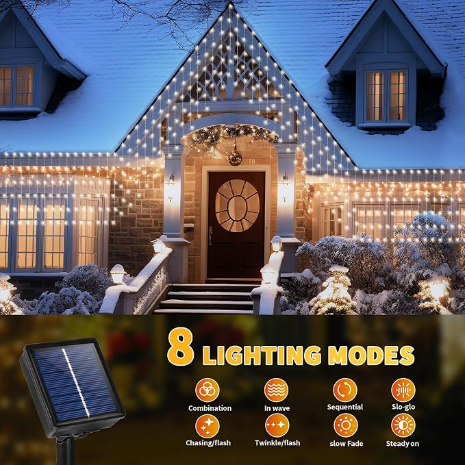 32.8 * 3.28FT Large Size Solar Curtain Icicle Lights Outdoor, 8 Modes Outdoor String Icicle Curtain Lights, Solar Christmas Garden Light for Patio, Gazebo, Eaves, Fence, Tree, Porch (White)