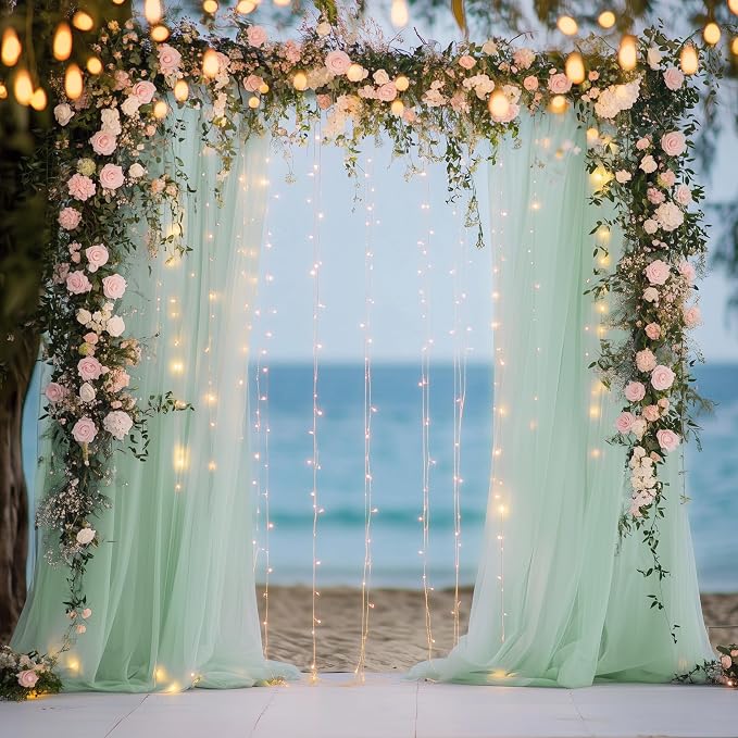 Tulle Backdrop Curtain with Lights String 10FT X 10FT Sage Green Sheer Tulle Backdrop Curtains for Wedding Birthday Party Reception Photo Booth Background Decorations (2 Panels 5x10FT)