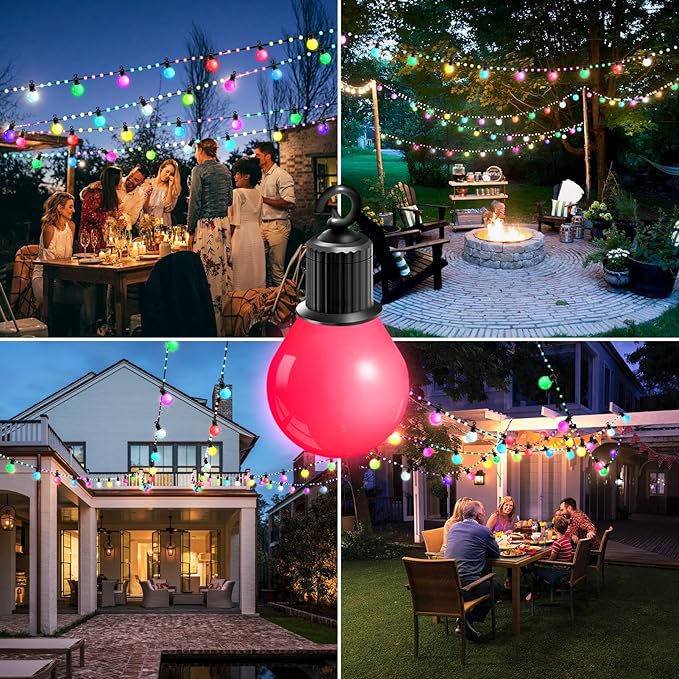 Smart Outdoor String Lights, 65.6Ft RGBIC Color Changing LED Patio Light IP67 Waterproof with 26 G40 Bulbs,App Control,Remote,Music Sync Outdoor Hanging Lights USB Plug-in for Garden Yard Camper Party