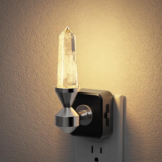 JandCase Healing Crystals LED Night Light Plug into Wall,Dimmable Night Lights witih Clear Quartz Tower, Dusk to Dawn Sensor Nightlights for Meditation Living Room Bedroom Home Decor