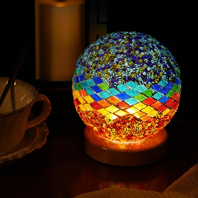 Turkish Table lamp (D:4.7" x H:5.2"),Mosaic Glass Lamps with Wooden Base, Bohemian Tiffany Bedside Lamps, USB Power Moroccan Lantern for Living Room Decorations (Mediterranean - Blue, Mediterranean)