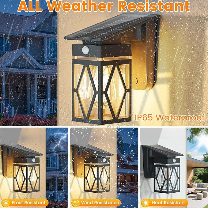 2 Pack Solar Porch Lights Outdoor, Dusk to Dawn & Motion Sensor Solar Wall Light with Lantern Shape, 3 Modes IP65 Waterproof, E26 Bulb Exterior Sconce for Front Porch, Garage, Patio Security