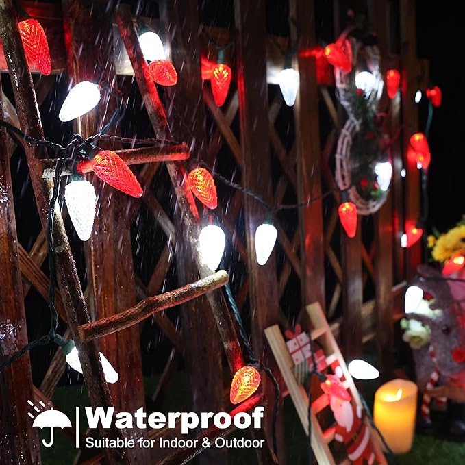 Brizled Red & White String Lights, 16.5FT 25 LED C9 Christmas Lights, Connectable Xmas Tree Light, Waterproof Strawberry String Light for Indoor Roof Garden Patio Pathway Tree Valentine's Day Party