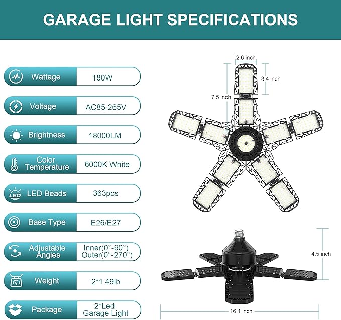 Nexillumi 2-Pack Led Garage Light 180W, 36000LM Garage Lights Ceiling LED with E26/E27 Medium Base, 6000K Deformable LED Shop Lights with 10+1 Adjustable Panels for Garage, Workshop, Attic, Basemen